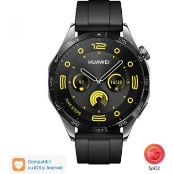 Ceas inteligent Smartwatch Huawei Watch GT 4, Ecran 1.43inch, 46mm, Bluetooth, Curea Fluoroelastomer, Waterproof 5 ATM (Negru) ieftin