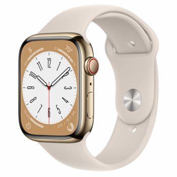 Apple Apple Watch 8, GPS, Cellular, Carcasa Gold Stainless Steel 45mm, Starlight Sport Band de firma original