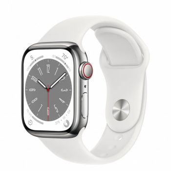 Apple Apple Watch 8, GPS, Cellular, Carcasa Silver Stainless Steel 41mm, White Sport Band de firma original