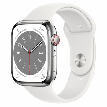 Apple Apple Watch 8, GPS, Cellular, Carcasa Silver Stainless Steel 45mm, White Sport Band de firma original