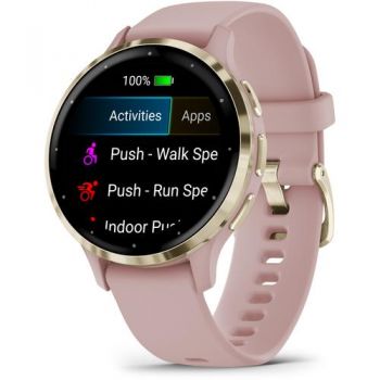 Ceas activity outdoor tracker Garmin Venu 3S, GPS, Wi-Fi, curea silicon, Pink Dawn/Soft Gold de firma originala