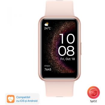 Ceas activity tracker Huawei Watch FIT SE, Bluetooth, GPS, Bratara Silicon, Roz
