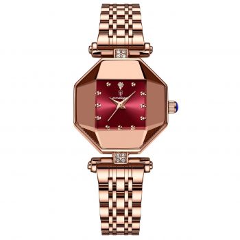 Ceas dama Poedagar CS1506, otel inoxidabil, rose gold, cadran rosu