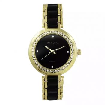 Ceas de dama, Oriflame, cristale Swarovski, auriu/negru, 3.4 cm
