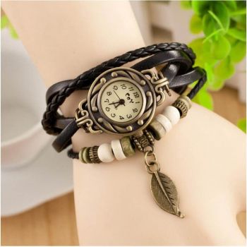 Ceas de dama Retro Vintage CS02, curea din piele, accesoriu frunza, Negru