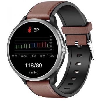 Ceas inteligent Smartwatch iSEN Watch M10 cu bratara maro inchis din piele, 1.3inch, ECG, PPG, Ritm cardiac, Presiune sanguina, Temperatura, Apelare (Argintiu)