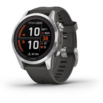 SmartWatch Garmin Fenix 7S Pro Solar, Glass, curea Graphite, Argintiu