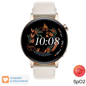 Smartwatch Huawei Watch GT3, 42mm, Elegant Edition, Curea din piele, Alb