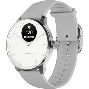 Smartwatch Withings Scanwatch Light, 37mm, Bluetooth, Carcasa inox argintiu, Curea alba de firma original