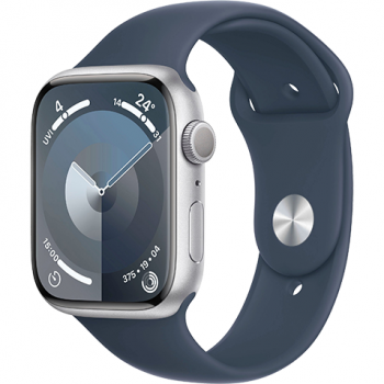 Apple Apple Watch 9, GPS, Carcasa Silver Aluminium 45mm, Storm Blue Sport Band - M/L
