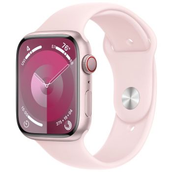 Apple Watch S9, GPS, Cellular, Carcasa Pink Aluminium 45mm, M/L, Light Pink Sport Band