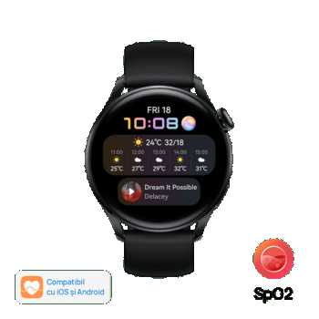 Ceas inteligent Smartwatch Huawei Watch 3, Display AMOLED HD 1.43inch, 2GB RAM, 16GB Flash, Bluetooth, NFC, GPS, Wi-Fi, 4G, Carcasa Otel, Rezistent la apa 5 ATM, Andorid/iOS (Negru)