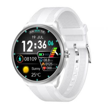 Ceas inteligent Smartwatch iSEN Watch M3 cu bratara alba din TPU, Ecran 1.3inch, Bluetooth Call, Waterproof IP68, 240mAh, HR, Tensiune, Notificari, Muzica (Argintiu)