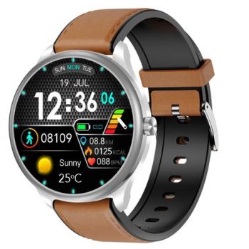 Ceas inteligent Smartwatch iSEN Watch M3 cu bratara maro deschis din piele, Ecran 1.3inch, Bluetooth Call, Waterproof IP68, 240mAh, HR, Tensiune, Notificari, Muzica (Argintiu)
