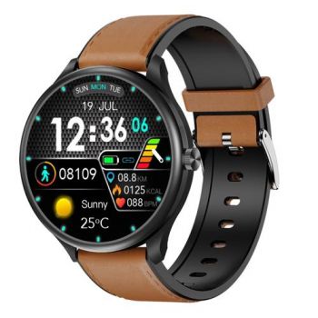 Ceas inteligent Smartwatch iSEN Watch M3 cu bratara maro deschis din piele, Ecran 1.3inch, Bluetooth Call, Waterproof IP68, 240mAh, HR, Tensiune, Notificari, Muzica (Negru)