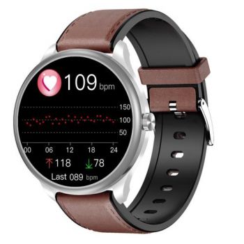 Ceas inteligent Smartwatch iSEN Watch M3 cu bratara maro inchis din piele, Ecran 1.3inch, Bluetooth Call, Waterproof IP68, 240mAh, HR, Tensiune, Notificari, Muzica (Argintiu)