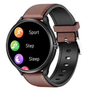 Ceas inteligent Smartwatch iSEN Watch M3 cu bratara maro inchis din piele, Ecran 1.3inch, Bluetooth Call, Waterproof IP68, 240mAh, HR, Tensiune, Notificari, Muzica (Negru)
