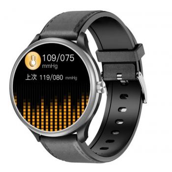 Ceas inteligent Smartwatch iSEN Watch M3 cu bratara neagra din piele, Ecran 1.3inch, Bluetooth Call, Waterproof IP68, 240mAh, HR, Tensiune, Notificari, Muzica (Argintiu)
