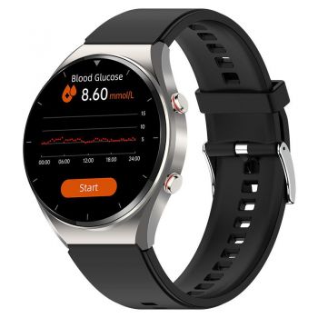 Smartwatch iSEN Watch E09, Silver cu bratara neagra din TPU, Monitorizare glicemie, tensiune, temperatura, somn, EKG, HR, Oximetru