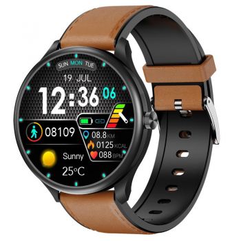 Smartwatch iSEN Watch M3 Negru cu bratara maro deschis de piele, 1.3