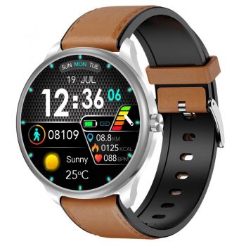 Smartwatch iSEN Watch M3 Silver cu bratara maro deschis de piele, 1.3