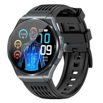 Ceas inteligent Smartwatch iSEN JA03, Ecran AMOLED HD 1.43inch, Glicemie, Apel Bluetooth, Apel SOS, Asistenta vocala, Nivel radiatii, EKG, Acid uric, Lipide sange, Masa (Gri)