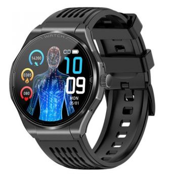 Ceas inteligent Smartwatch iSEN JA03, Ecran AMOLED HD 1.43inch, Glicemie, Apel Bluetooth, Apel SOS, Asistenta vocala, Nivel radiatii, EKG, Acid uric, Lipide sange, Masa (Negru)