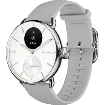 Ceas inteligent Smartwatch Withings Scanwatch 2, 38mm, Ecran OLED, Sticla Safir, Monitorizare Somn, Activitate, Temperatura, SpO2 (Argintiu/Alb)