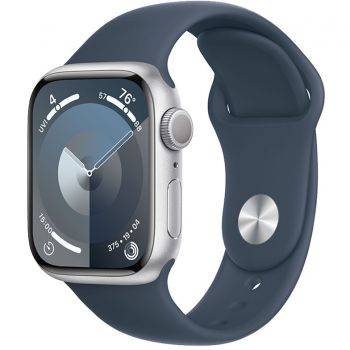 Apple Apple Watch 9, GPS, Carcasa Silver Aluminium 45mm, Storm Blue Sport Band - S/M de firma original