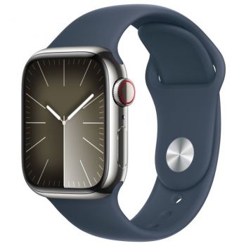 Apple Apple Watch 9, GPS, Cellular, Carcasa Silver Stainless Steel 41mm, Storm Blue Sport Band - M/L de firma original