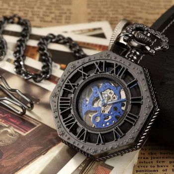 Ceas de buzunar MBrands, negru cu albastru, skeleton, Mecanic, cu lant , stil Vintage, octagon - Albastru
