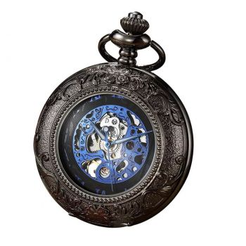 Ceas de buzunar MBrands, skeleton, Mecanic, cu lant , rotund - Albastru de firma original