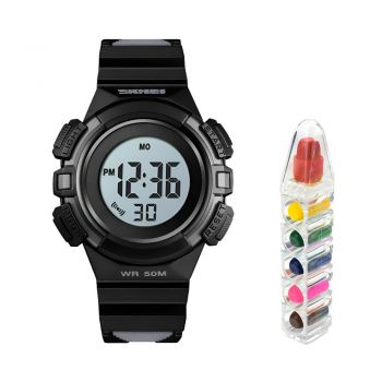 Set ceas copii sport SKMEI 1485 waterproof 5ATM cu alarma, cronometru, data si iluminare ecran, negru si creioane cerate, 6 culori de firma original