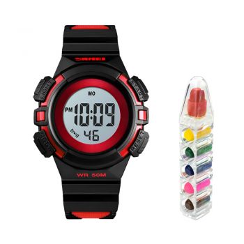Set ceas copii sport SKMEI 1485 waterproof 5ATM cu alarma, cronometru, data si iluminare ecran, rosu si creioane cerate, 6 culori