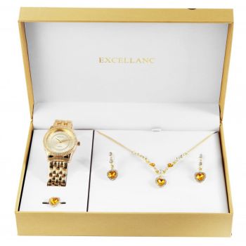 Set Excellanc de dama cu ceas, inel, cercei, colier, forma inima - Galben de firma original