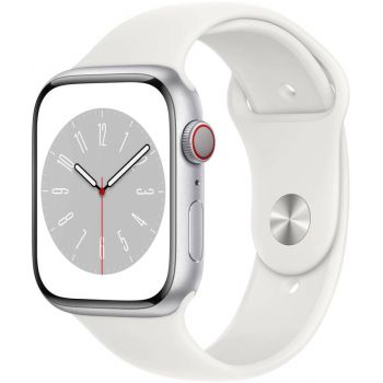 SmartWatch Apple Watch S8, 45mm Aluminium Silver cu White Sport Band Regular, GPS + Cellular