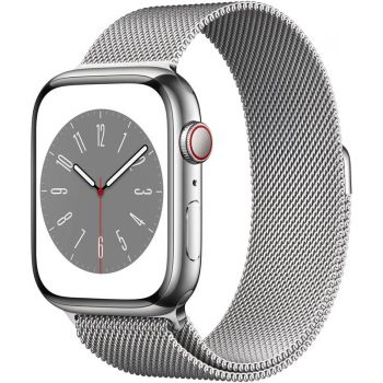 SmartWatch Apple Watch S8, 45mm Stainless Steel Silver cu Silver Milanese Loop, GPS + Cellular
