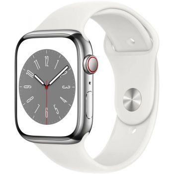 SmartWatch Apple Watch S8, 45mm Stainless Steel Silver cu White Sport Band Regular, GPS + Cellular