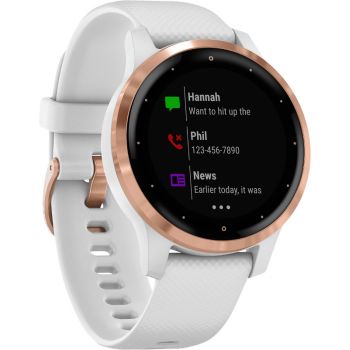 SmartWatch Garmin Vivoactive 4S, roz-auriu, curea silicon alb, GPS + HR
