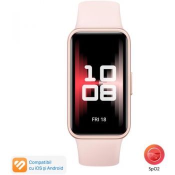 Bratara fitness Huawei Band 9, curea fluoroelastomer, ecran AMOLED, Bluetooth, Android&iOS (Roz)