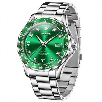 Ceas barbatesc Olevs CS1621, otel inoxidabil, argintiu, cadran verde