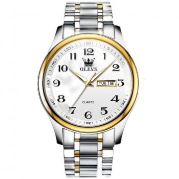 Ceas brbatesc Olevs CS1535, otel inoxidabil, argintiu-auriu, cadran alb