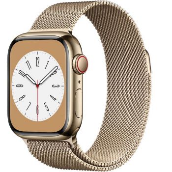 SmartWatch Apple Watch S8, 41mm Stainless Steel Gold cu Gold Milanese Loop, GPS + Cellular
