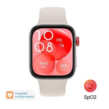 Ceas inteligent Smartwatch Huawei Watch Fit 3, Bluetooth, GPS, Ecran AMOLED 1.82inch, 100+ Moduri Sport, Monitorizare somn, ritm cardiac, Waterproof 5 ATM (Argintiu/Alb)