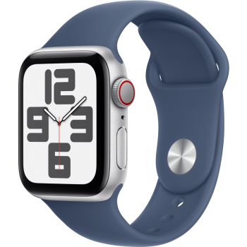 Apple Smartwatch Apple Watch SE (2024), GPS, Cellular, Carcasa Silver Aluminium 40mm, ecran LTPO OLED, 32GB, curea silicon Denim Sport Band S/M, Albastru/Argintiu