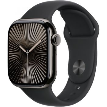 Apple Apple Watch Series 10, GPS si Cellular, 42 mm, titan ardezie, ceas inteligent cu banda sport, fluoroelastomer, dimensiune banda S-M - 64 GB, Negru