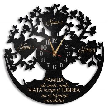 Ceas cadou familie copacul vietii cu inimi gravate - Diametru 45 cm
