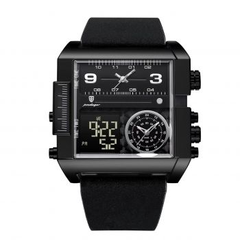 Ceas barbatesc digital&analog Poedagar CS1768, piele naturala, negru, cadran negru