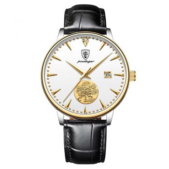 Ceas barbatesc Poedagar CS1769, automatic, piele naturala, negru, cadran alb