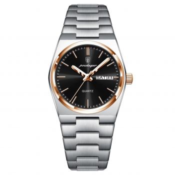 Ceas barbatesc Poedagar CS1792, otel inoxidabil, argintiu-rose gold, cadran negru